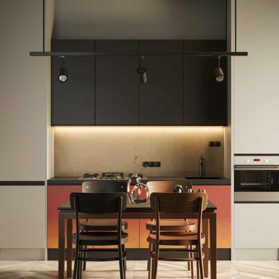 a kitchen with a table and chairs in it